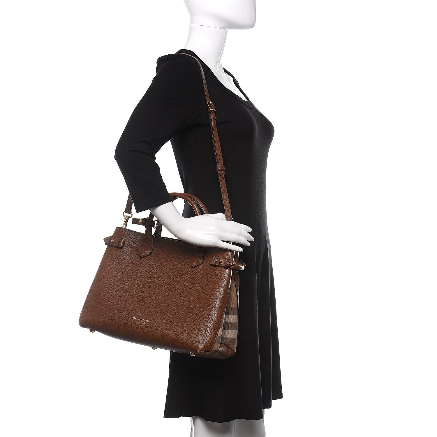 Burberry Grainy Calfskin House Check Medium Banner Tote Tan 2 of 16