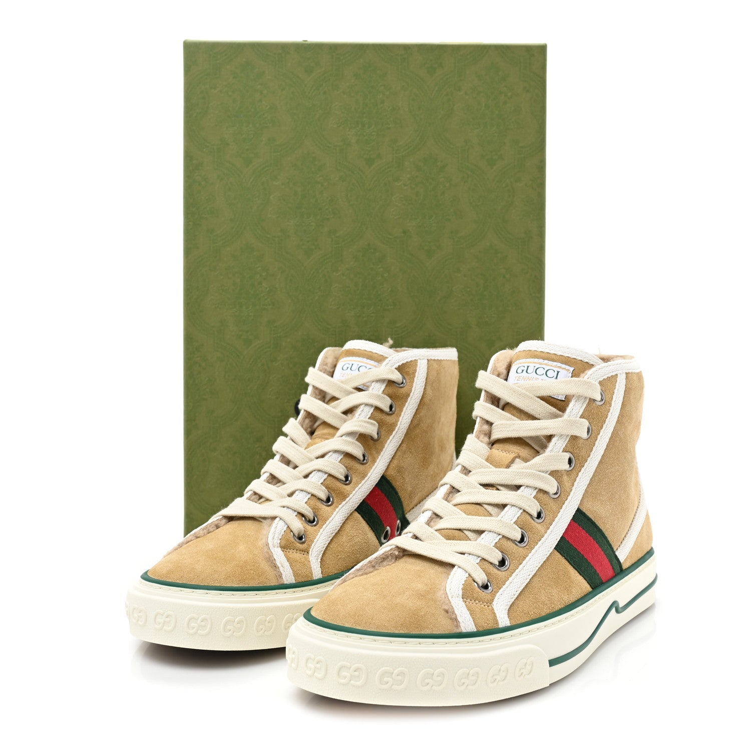 Gucci Suede Shearling Web GG Monogram Embossed Womens 1977 Tennis High Top Sneakers 38.5 Butterscotch Mystic White 8 of 8
