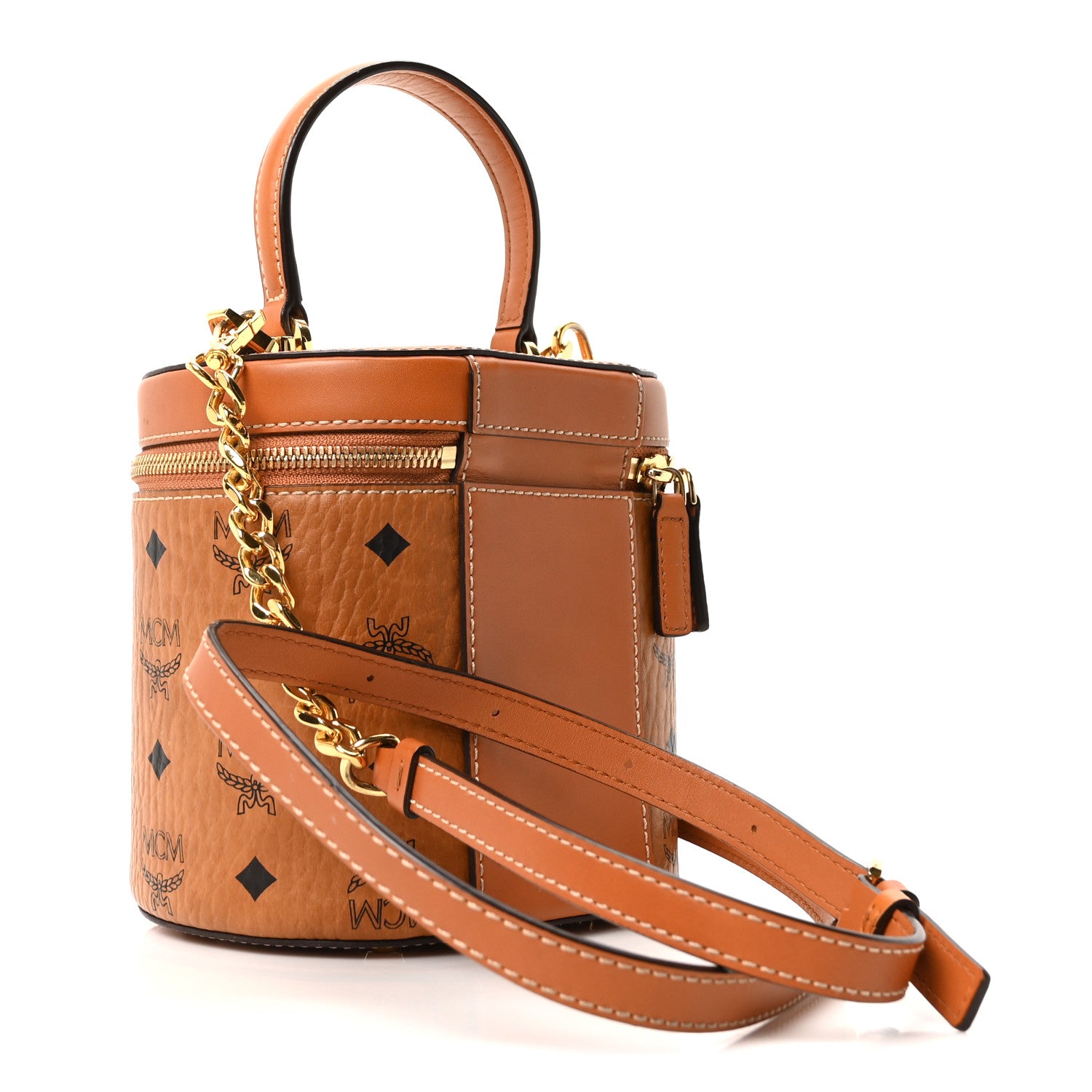 MCM Visetos Small Cylinder Crossbody Bag Cognac 3 of 10