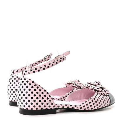 Chanel Lambskin Patent Calfskin Cap Toe Polka Dot Camellia Mary Jane Flats 36 Pink Black 4 of 9