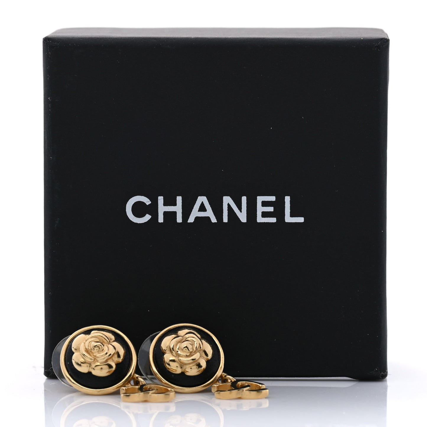 Metal Lambskin Camellia CC Drop Earrings Gold Black