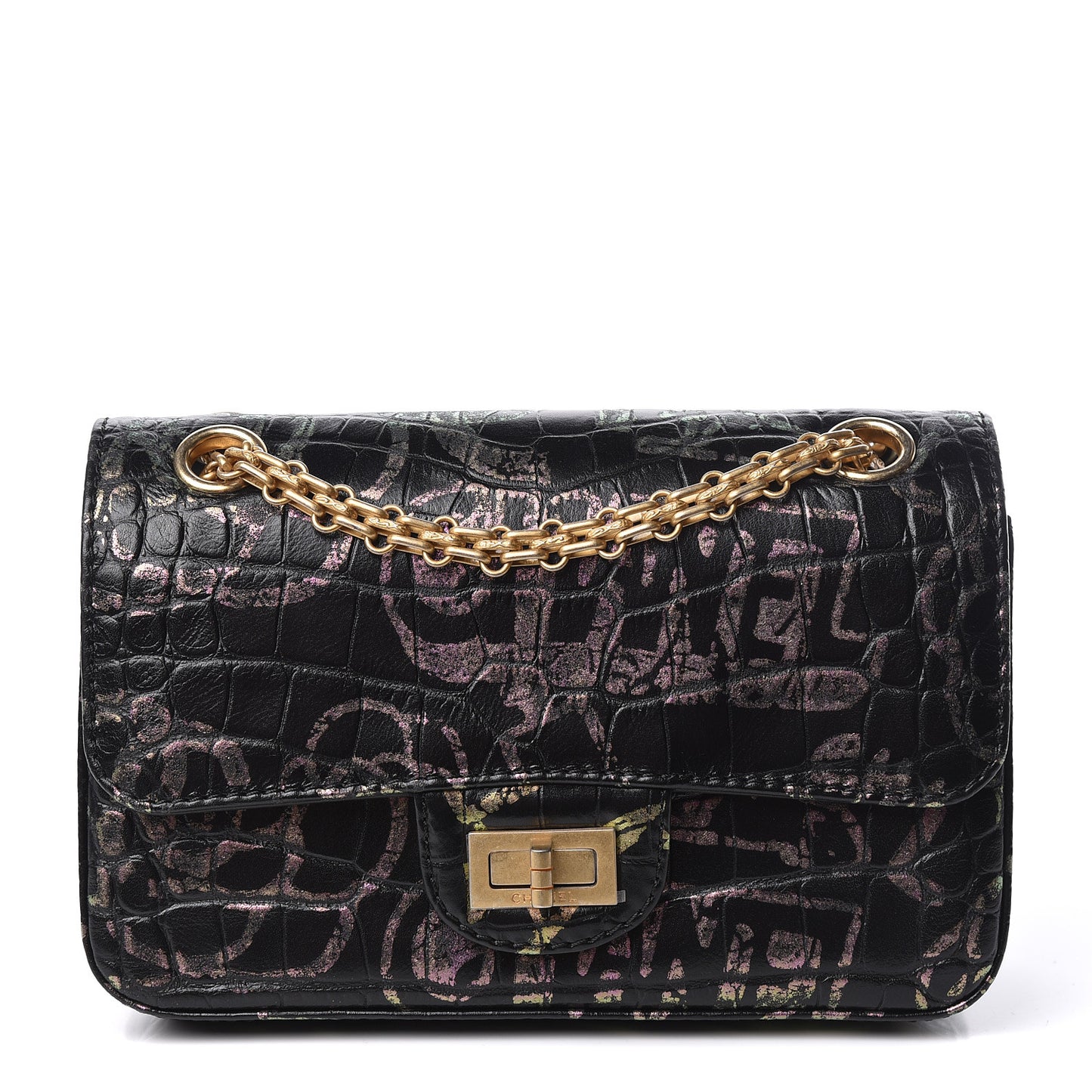 Calfskin Crocodile Embossed Graffiti 2.55 Mini Cocodile Reissue Flap Black Pink