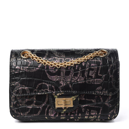 Chanel Calfskin Crocodile Embossed Graffiti 2.55 Mini Cocodile Reissue Flap Black Pink 1 of 10