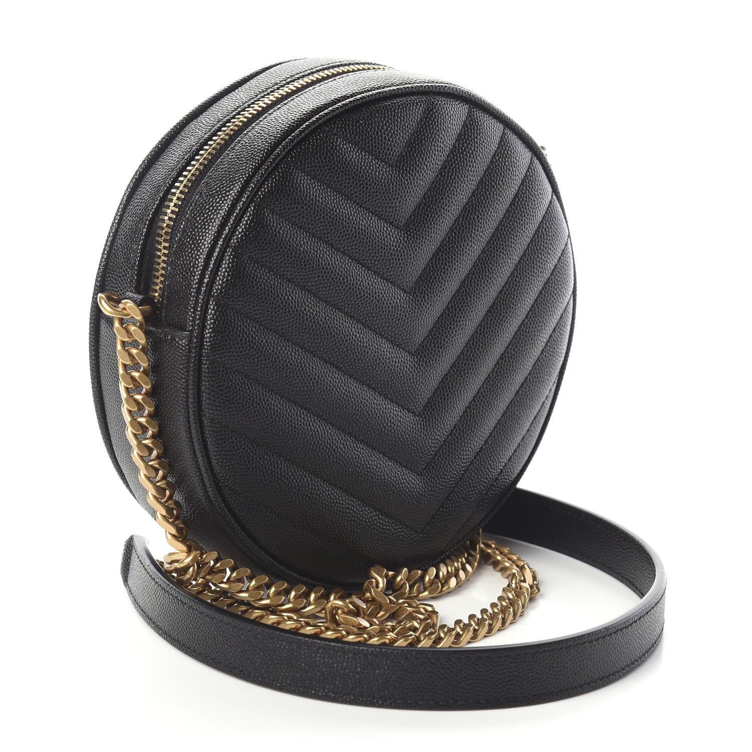 Saint Laurent Grain De Poudre Matelasse Chevron Quilted Round Vinyle Camera Bag Black 2 of 7