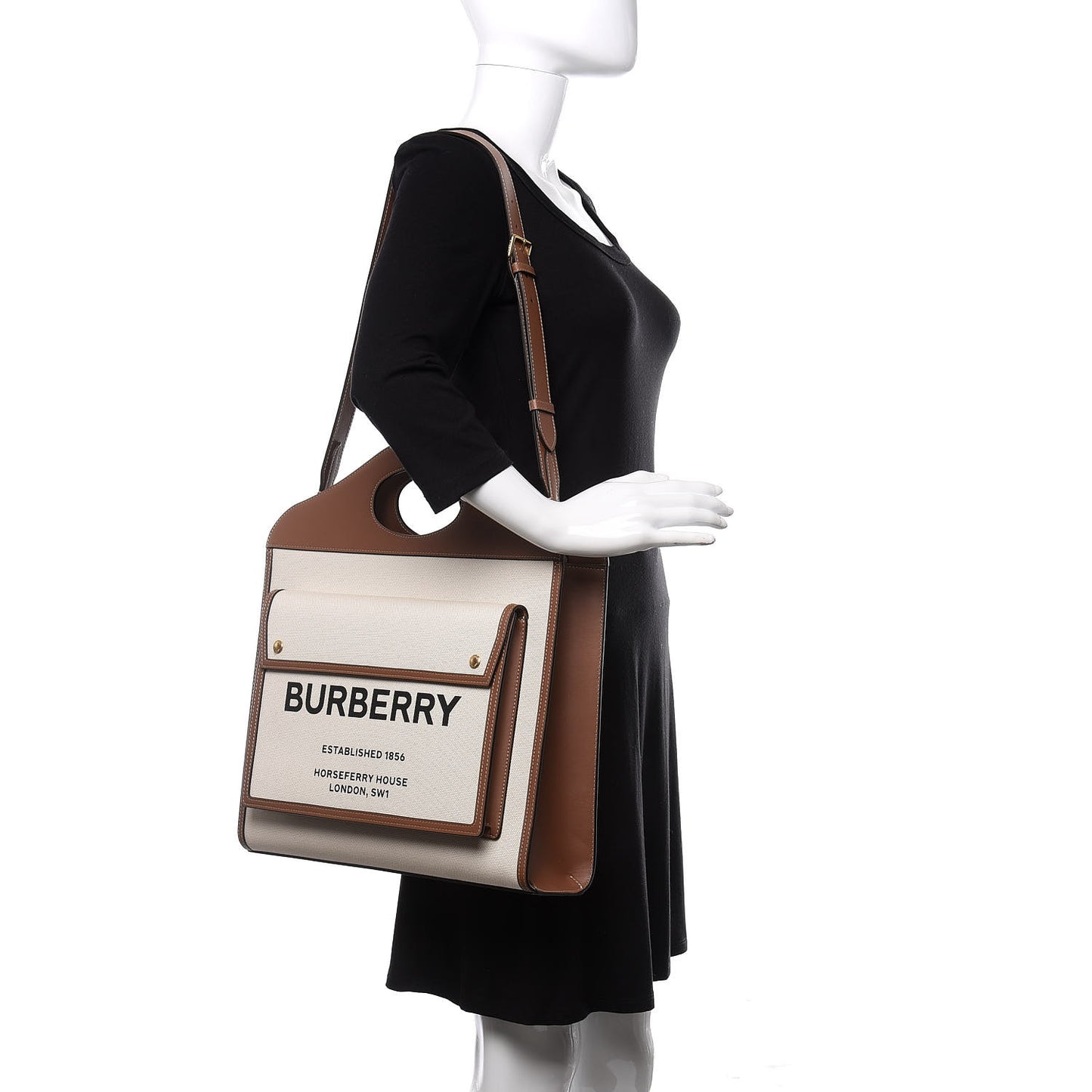 Canvas Smooth Calfskin Two Tone Medium Pocket Bag Natural Malt Brown