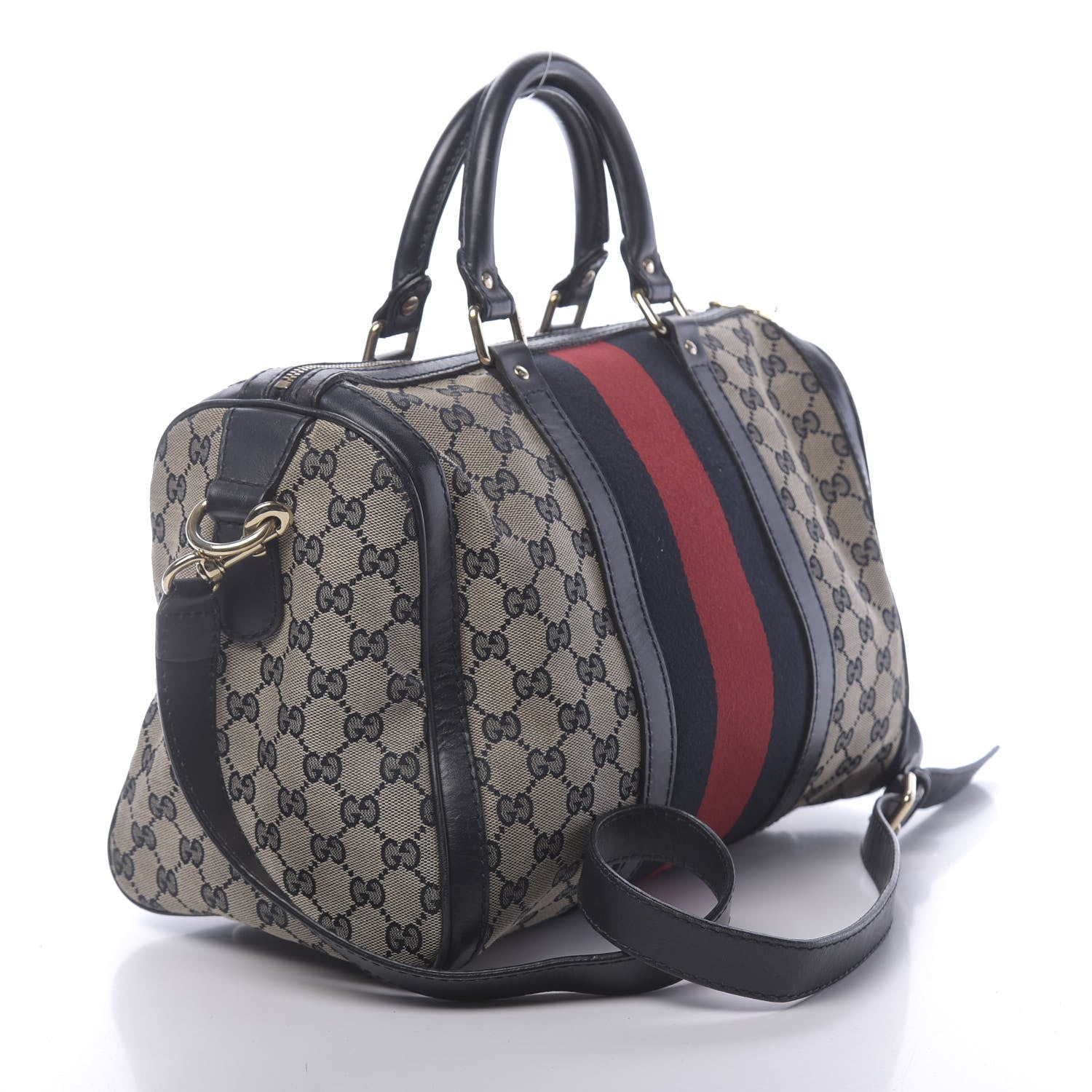 Gucci Monogram Selleria Calfskin Vintage Web Medium Boston Beige Blue 3 of 20