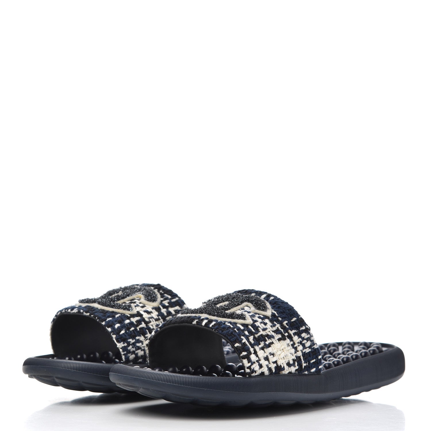 Chanel Tweed Rubber CC Flat Mules 36 Navy 3 of 14