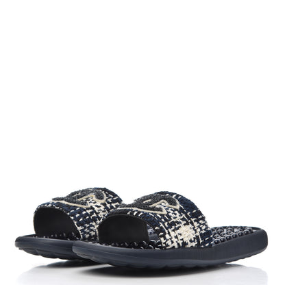Chanel Tweed Rubber CC Flat Mules 36 Navy 3 of 14