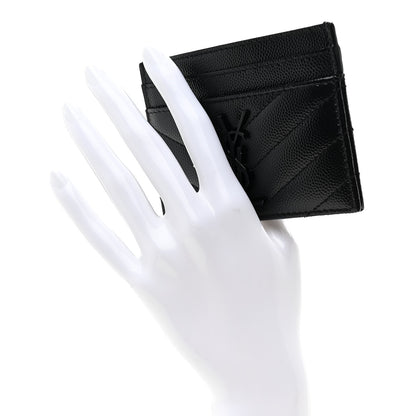 Saint Laurent Grain De Poudre Matelasse Chevron Monochrome Monogram Credit Card Case Black 2 of 7