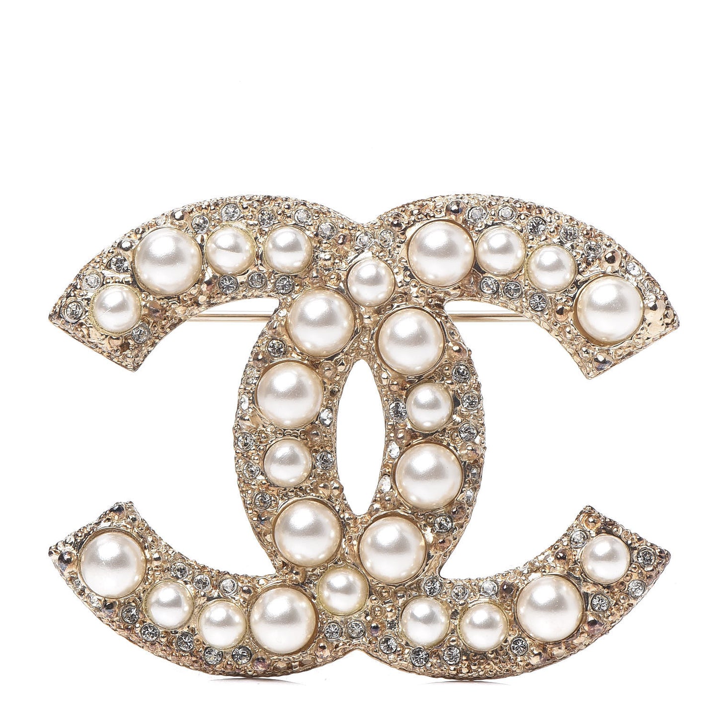Crystal Pearl CC Brooch Gold
