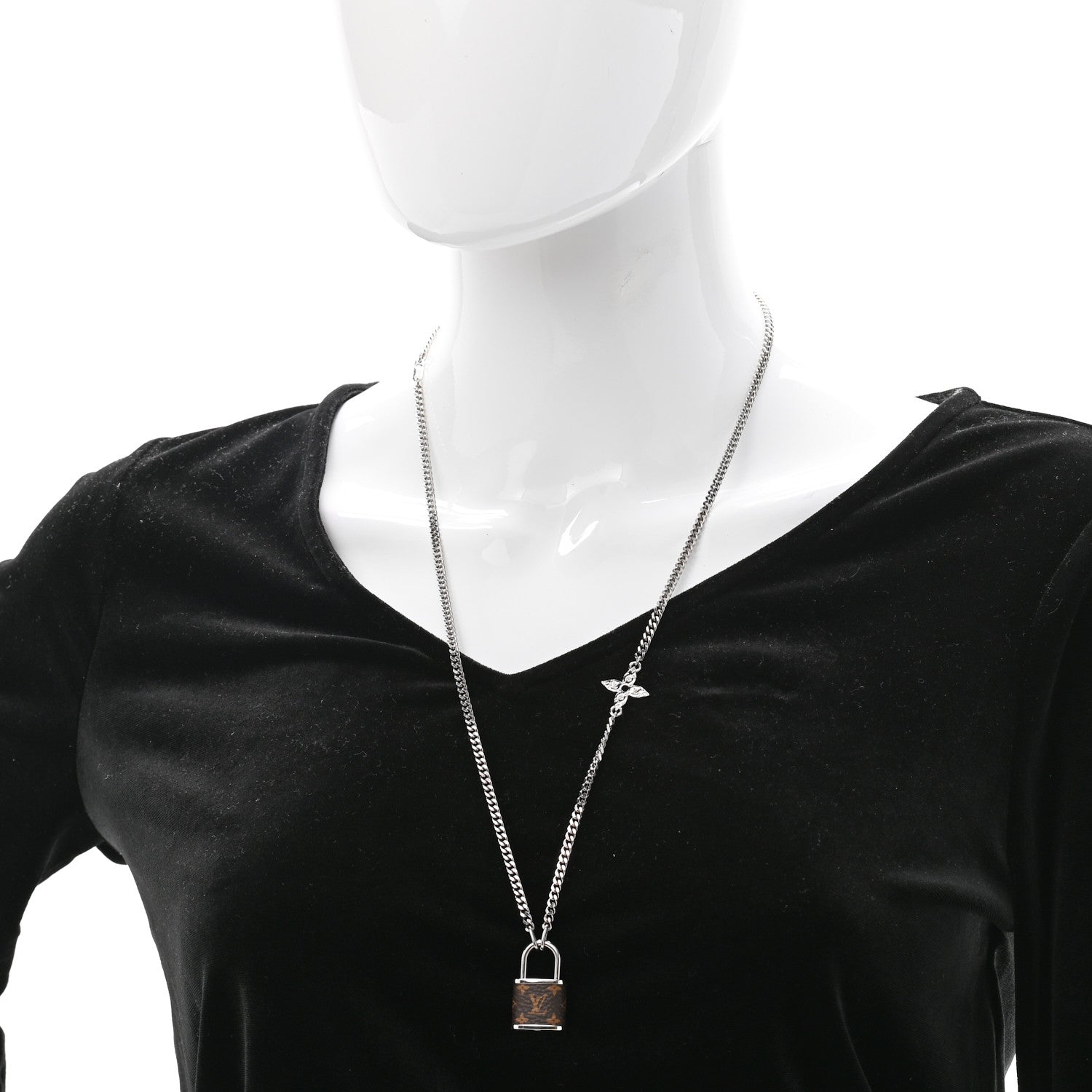 Louis Vuitton Monogram Lock Pendant Necklace Silver 2 of 6