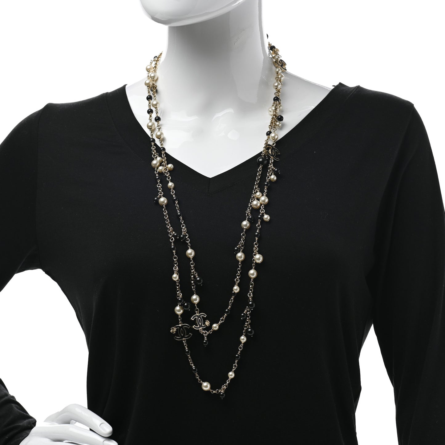 Pearl CC Long Necklace Gold White Black