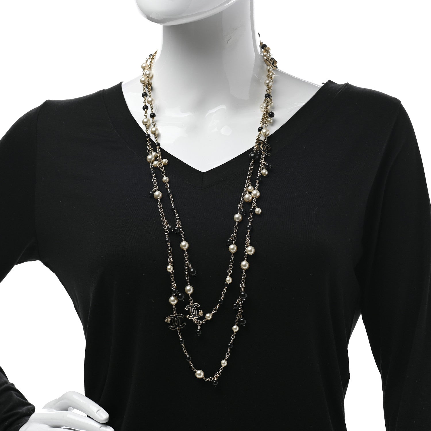 Chanel Pearl CC Long Necklace Gold White Black 2 of 6