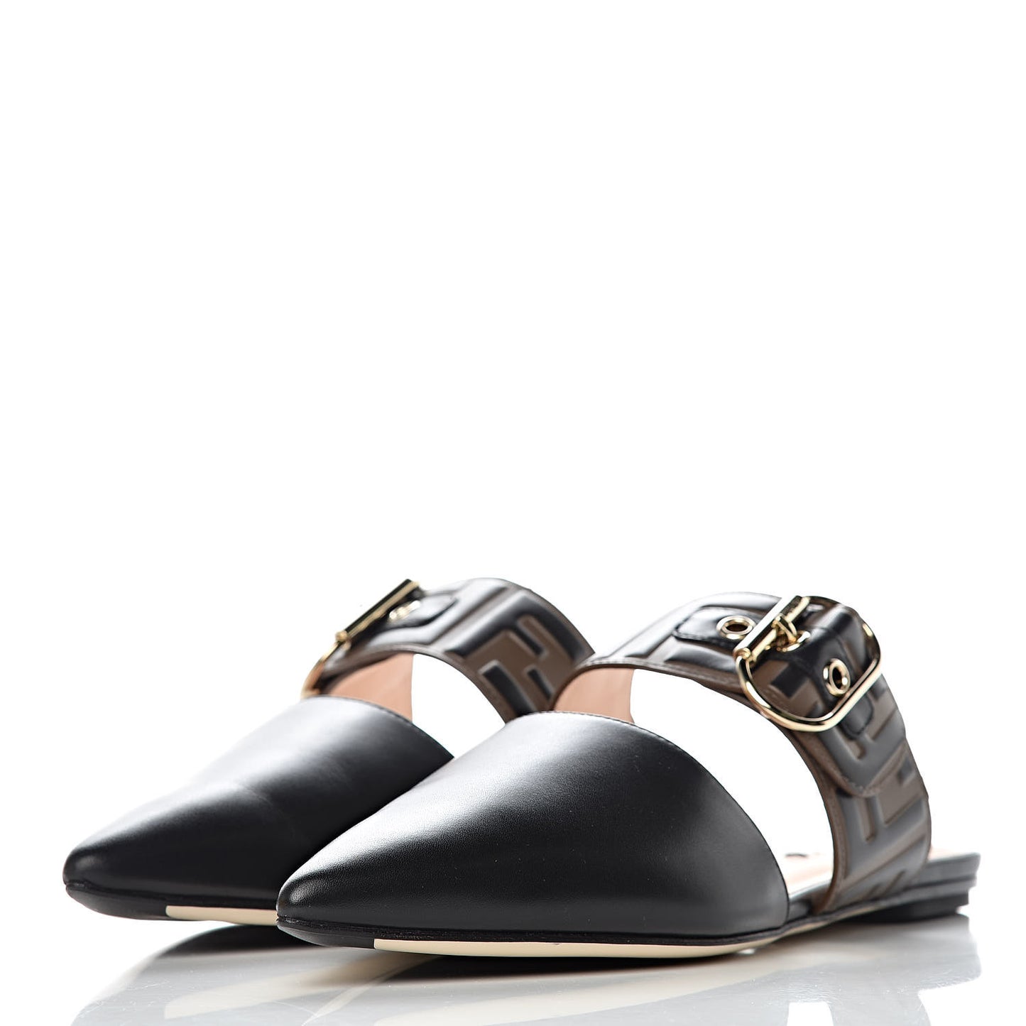 Vitello FF Embossed Buckle Flat Mules 37.5 Maya Black