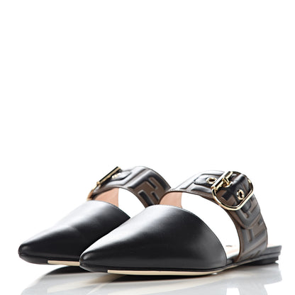Fendi Vitello FF Embossed Buckle Flat Mules 37.5 Maya Black 3 of 8
