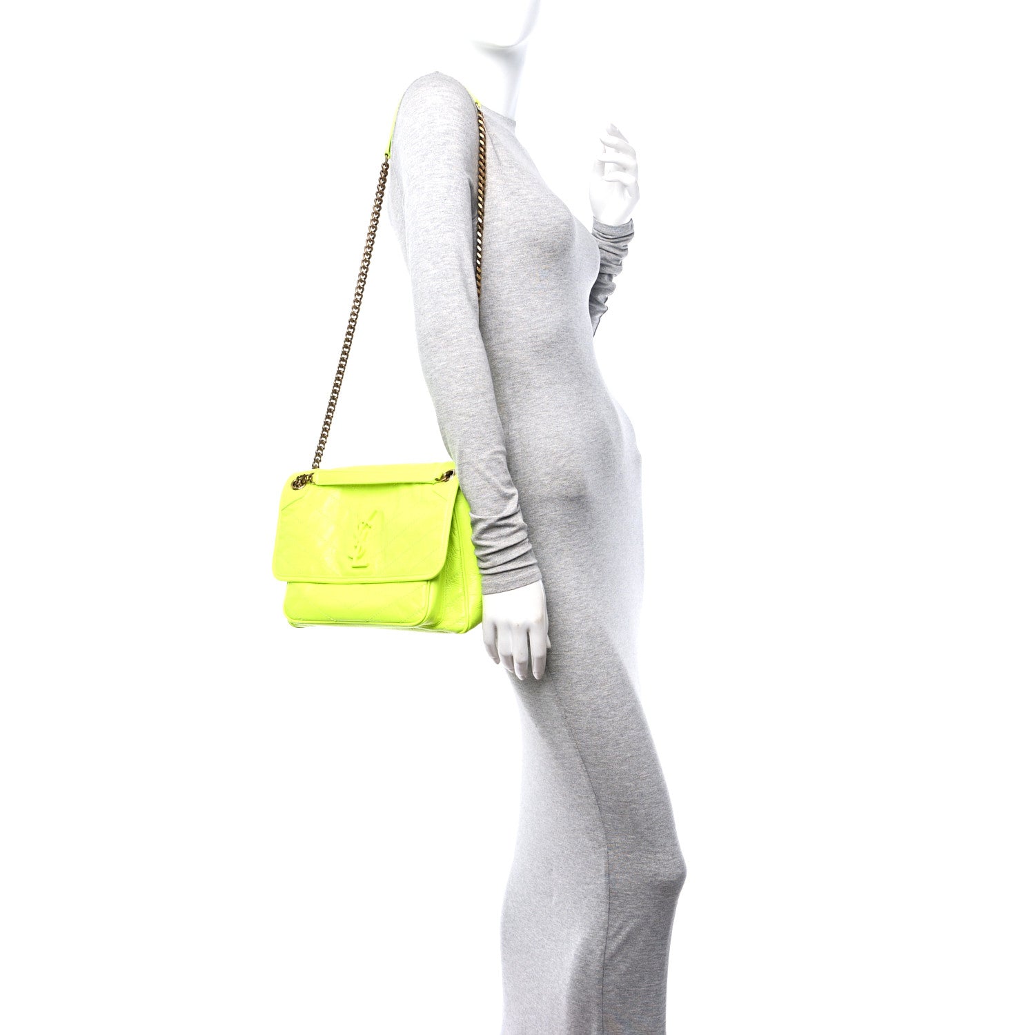 Saint Laurent Crinkled Calfskin Matelasse Monogram Medium Niki Chain Satchel Neon Yellow 2 of 10