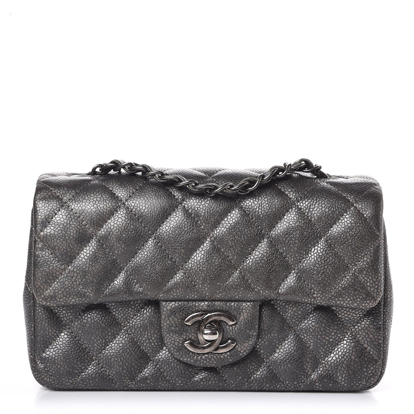 Metallic Caviar Quilted Mini Rectangular Flap Dark Grey