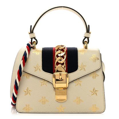 Gucci Textured Calfskin Bee Star Print Mini Sylvie Top Handle Bag Mystic White 1 of 10