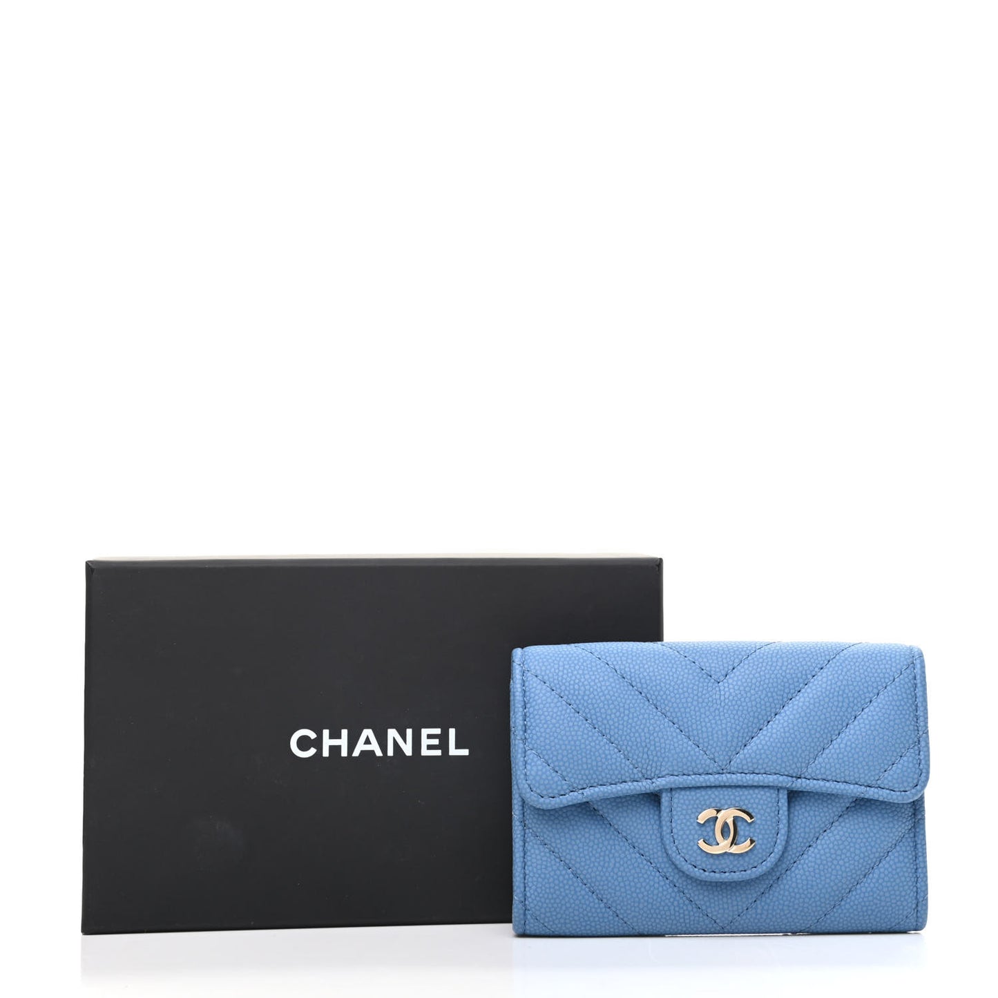 Caviar Flat Chevron Quilted Flap Card Holder Blue
