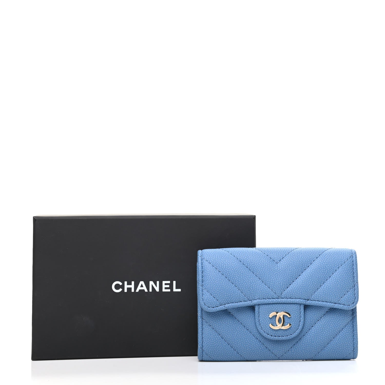 Chanel Caviar Flat Chevron Quilted Flap Card Holder Blue 9 of 9