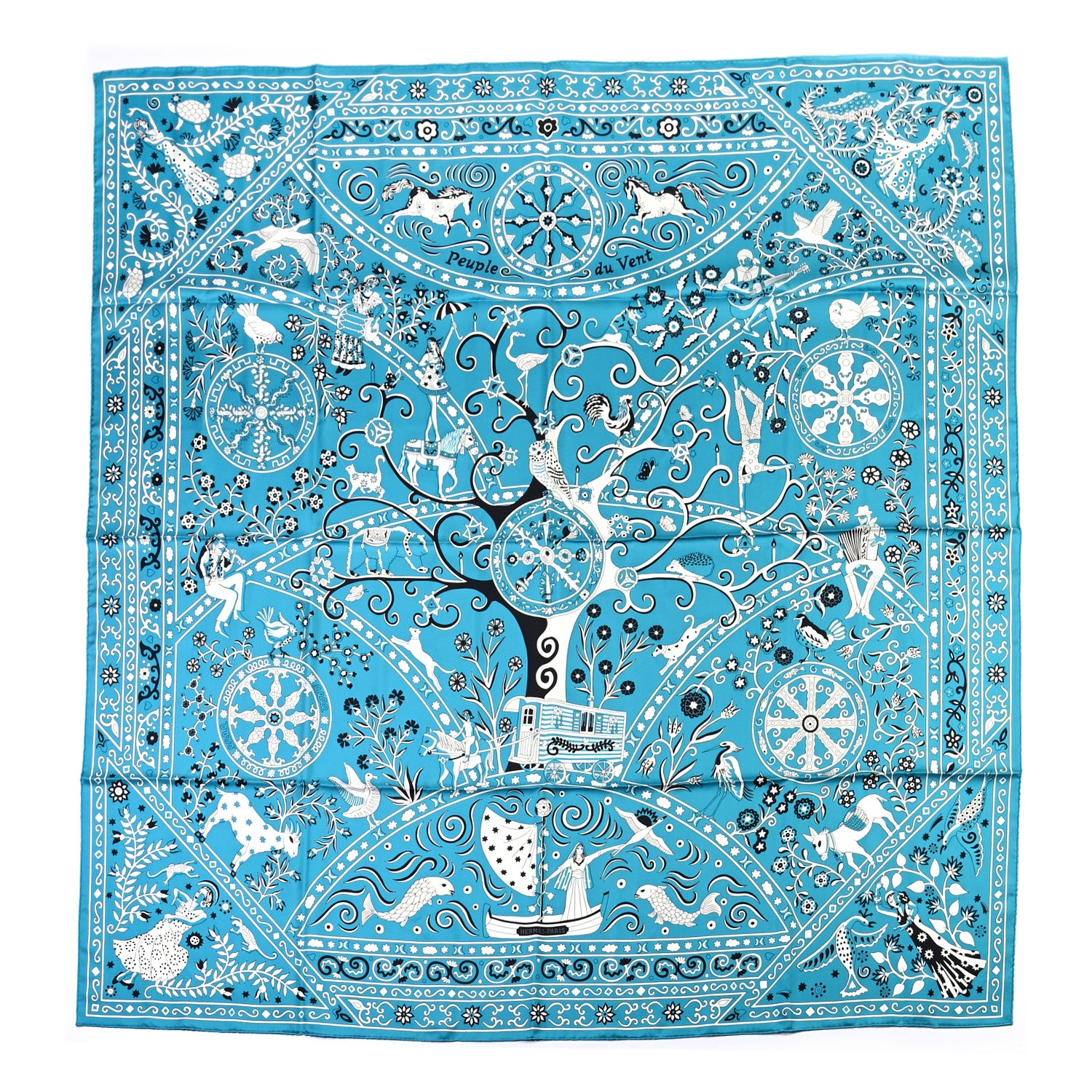 Hermes Silk Peuple Du Vent Bandana Scarf 140 Turquoise Black White 1 of 6