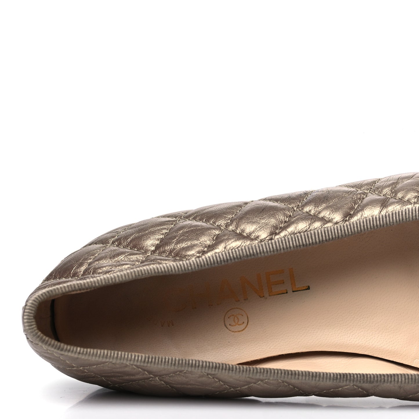 Metallic Aged Calfskin Quilted CC Cap Toe Ballerina Flats 38.5 Light Gold