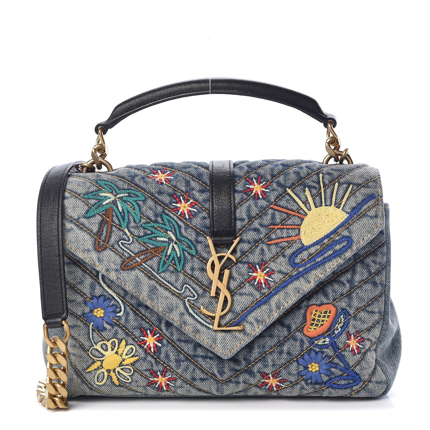 Denim Matelasse Chevron Summer Embroidered Monogram Medium College Bag Blue