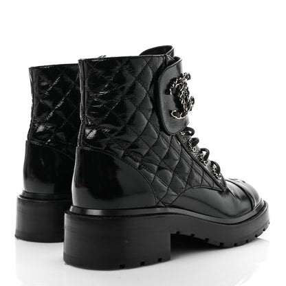 Chanel Shiny Calfskin Quilted Lace Up Combat Boots 37.5 Black 4 of 9