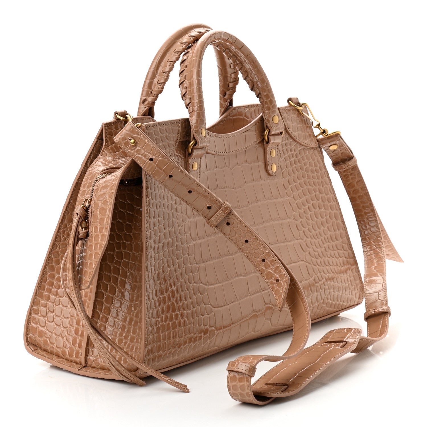 Balenciaga Shiny Supple Calfskin Crocodile Embossed Neo Classic Gold Hardware City Nude Beige 2 of 8