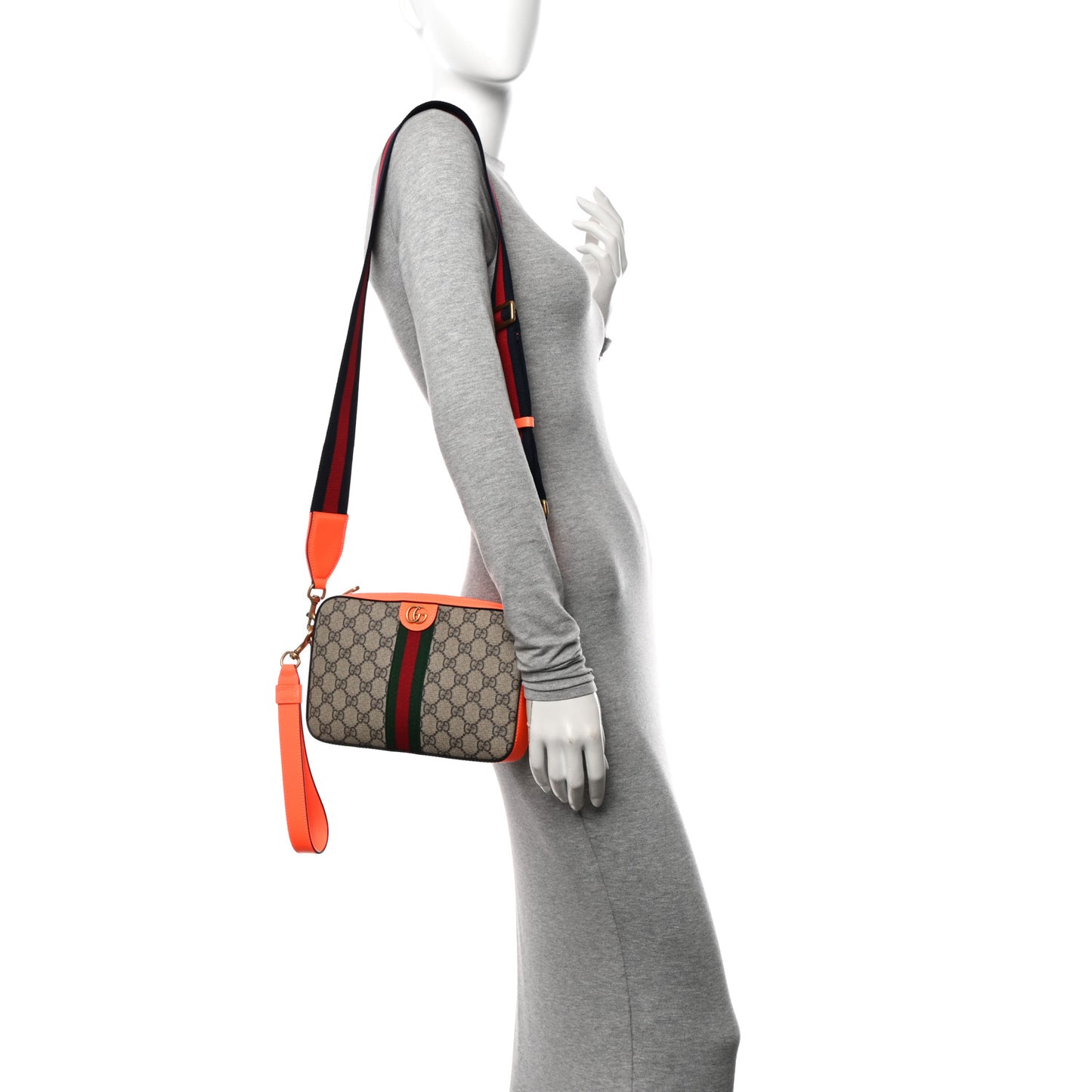 GG Supreme Monogram Textured Dollar Calfskin Web Ophidia Wristlet Shoulder Bag Beige Ebony Orange