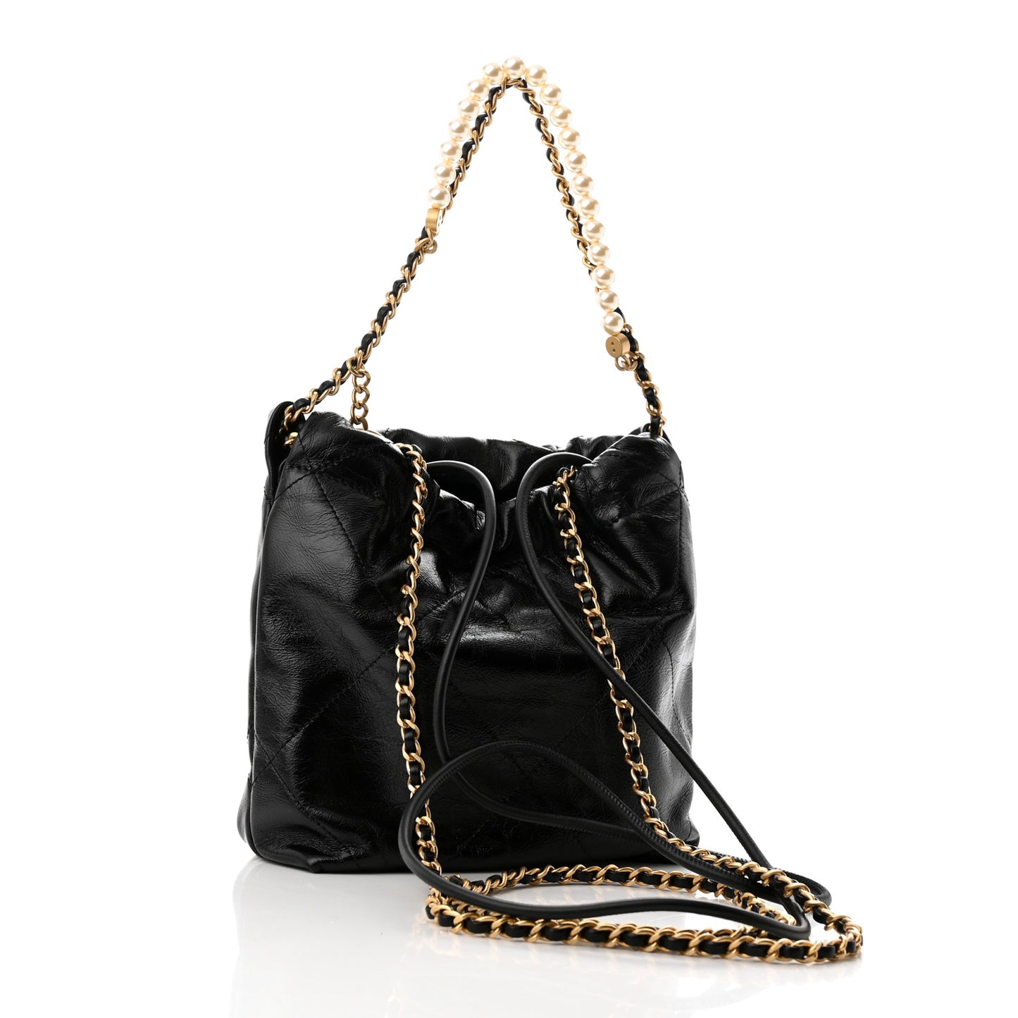 Shiny Crumpled Calfskin Quilted Pearl Mini Chanel 22 Black