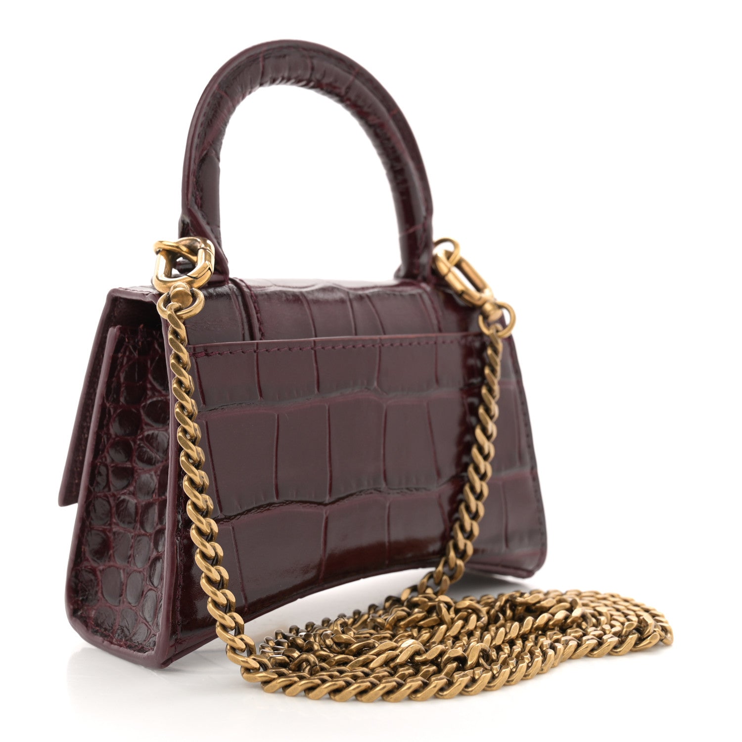 Balenciaga Shiny Calfskin Crocodile Embossed Hourglass Top Handle Bag Mini with Chain Dark Red 3 of 12