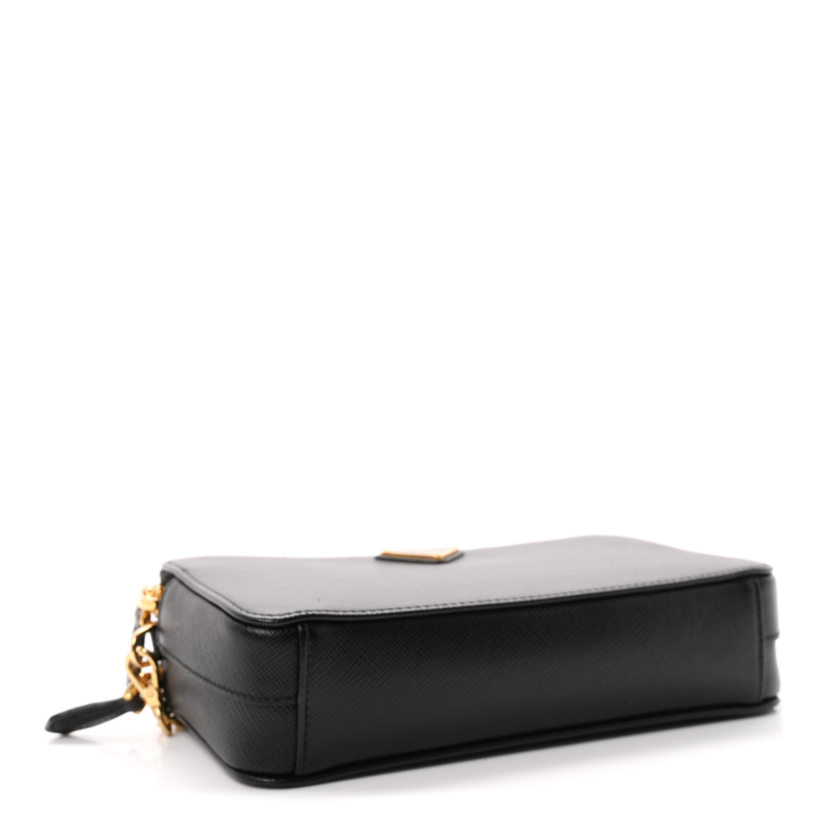 Saffiano Triangle Mini Double Zip Chain Crossbody Bag Black