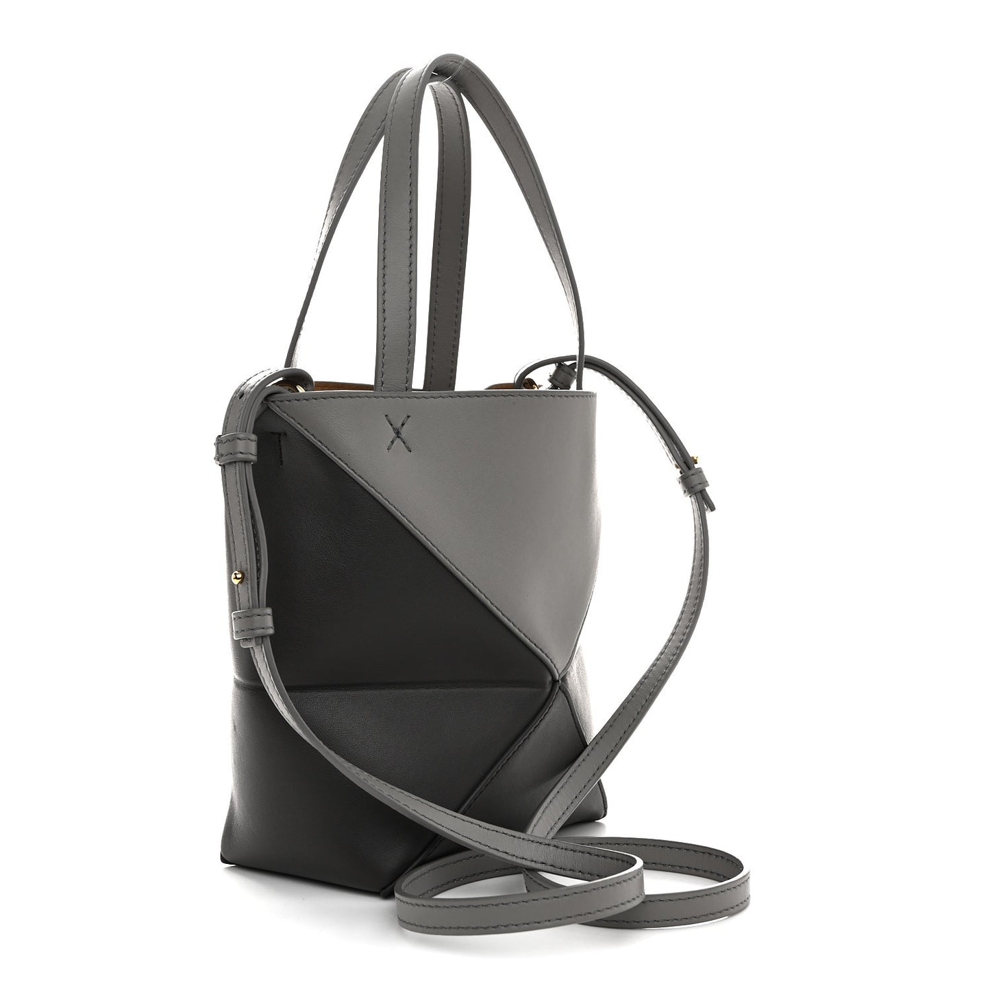Shiny Calfskin Mini Puzzle Fold Tote Pearl Grey Dark Grey
