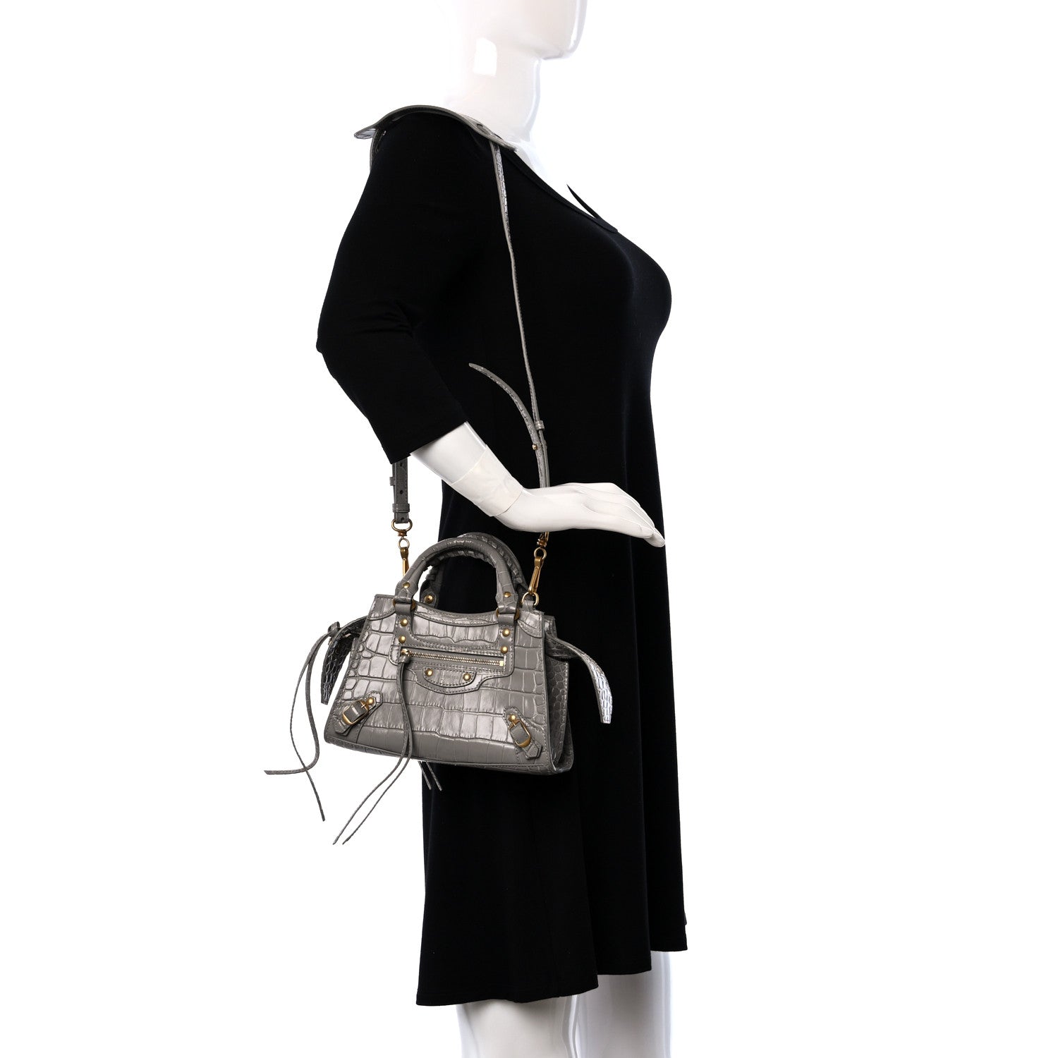 Balenciaga Shiny Supple Calfskin Crocodile Embossed Neo Classic Gold Hardware Mini City Steel Grey 2 of 8