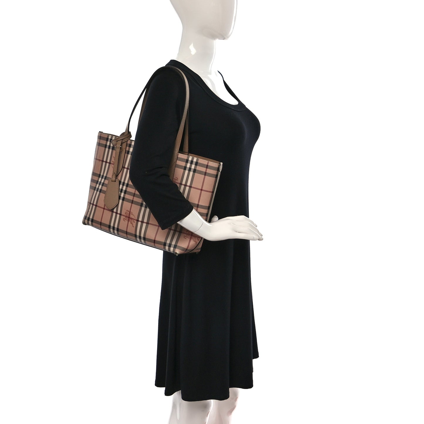 Grainy Calfskin Haymarket Check Small Reversible Tote Mid Camel