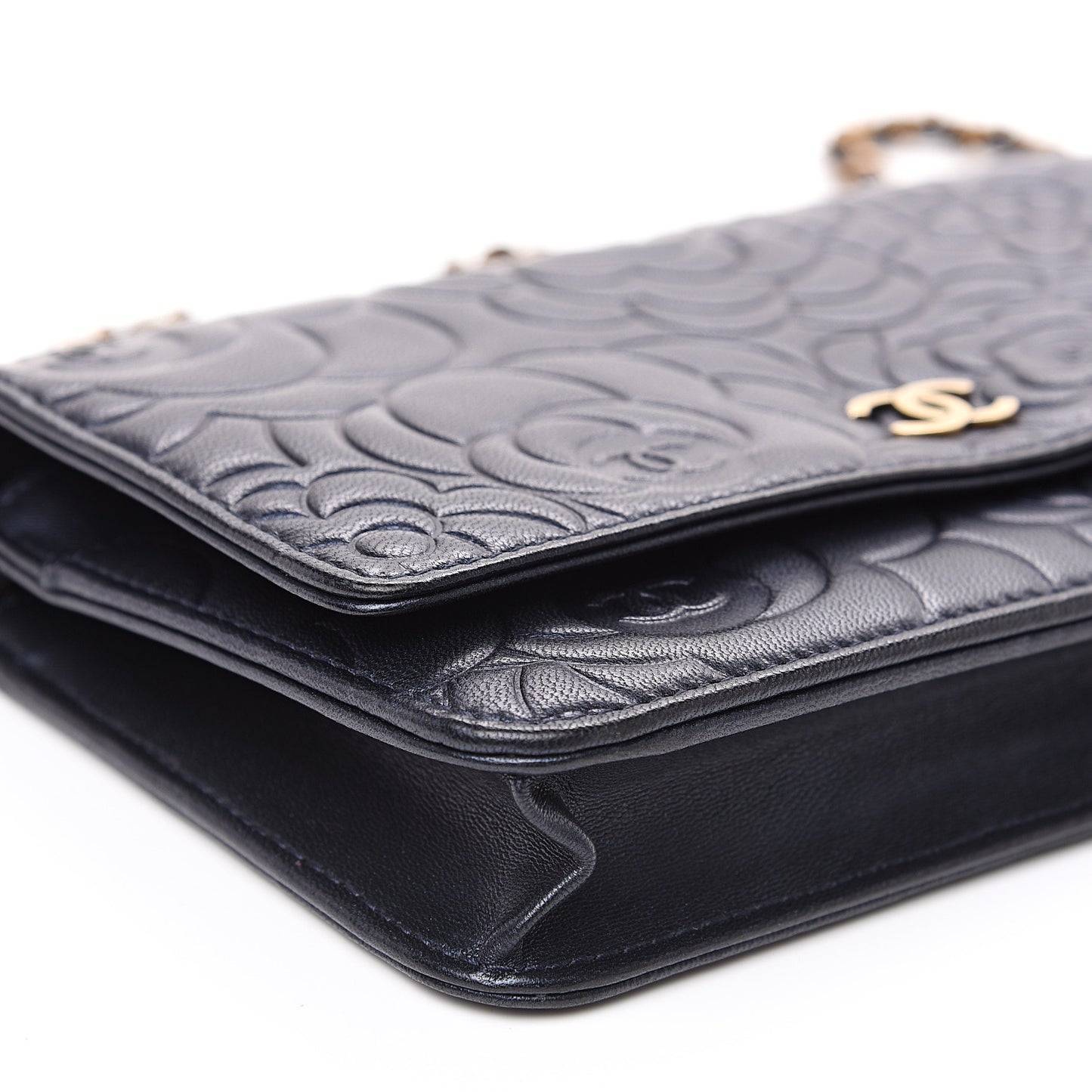 Goatskin Camellia Embossed Wallet On Chain WOC Navy