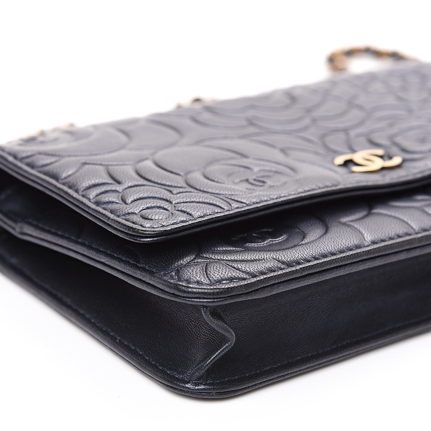 Chanel Goatskin Camellia Embossed Wallet On Chain WOC Navy 9 of 11