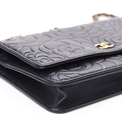 Chanel Goatskin Camellia Embossed Wallet On Chain WOC Navy 9 of 11