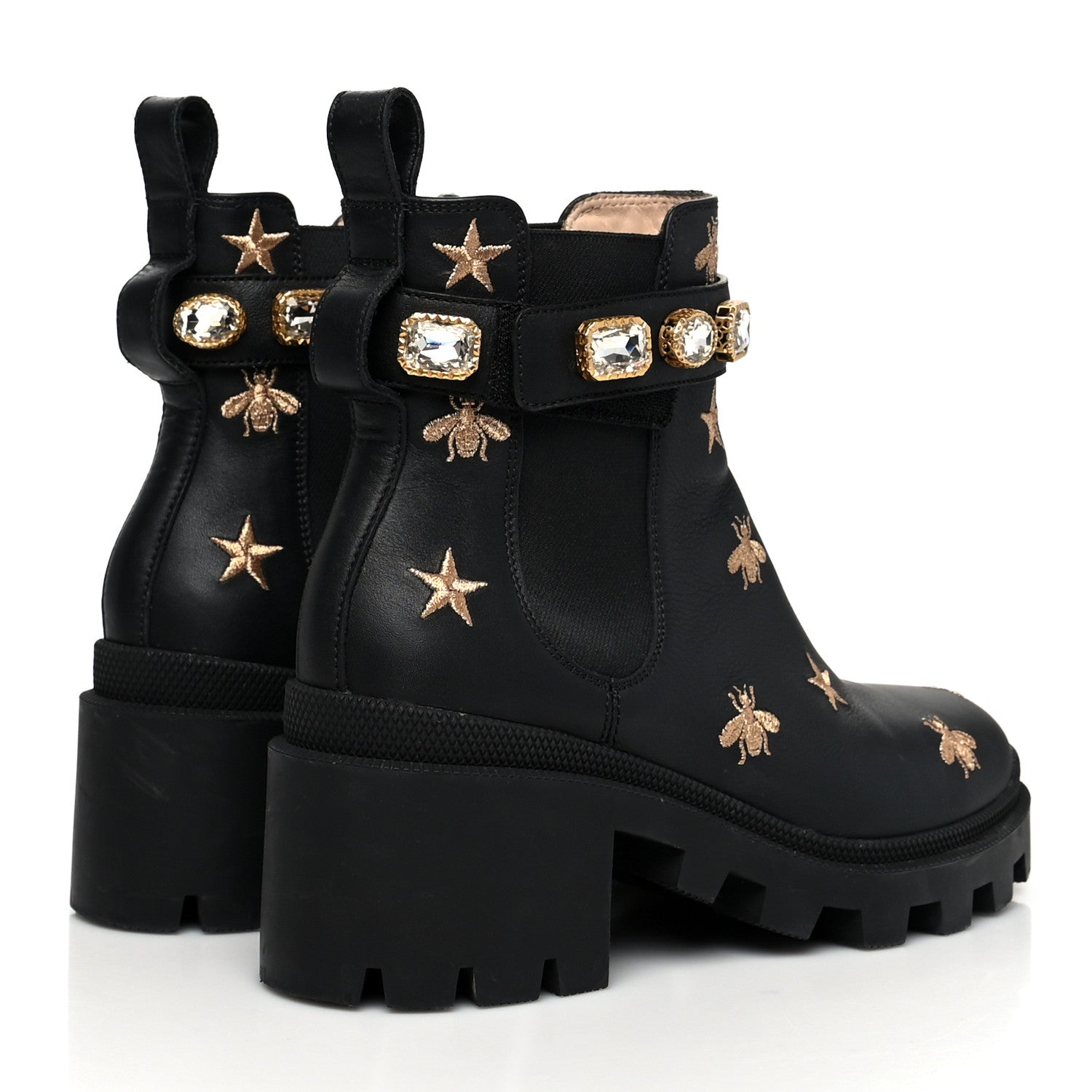Gucci Calfskin Bee Star Embroidered Belt Ankle Boots 37 Black 4 of 9