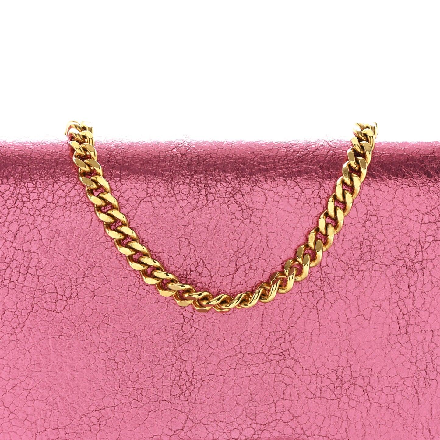 Metallic Grained Calfskin Classic Letters Chain Wallet New Pink