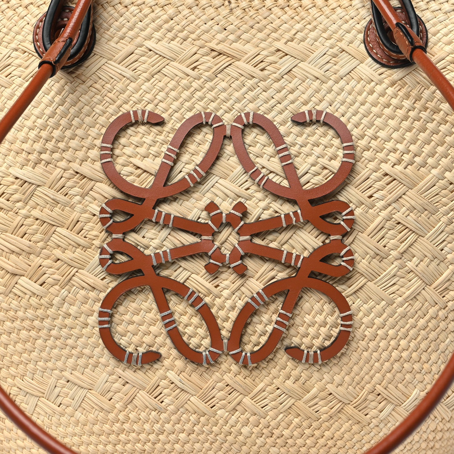 Loewe Calfskin Raffia Paulas Ibiza Medium Anagram Basket Tote Bag Natural Tan 7 of 9