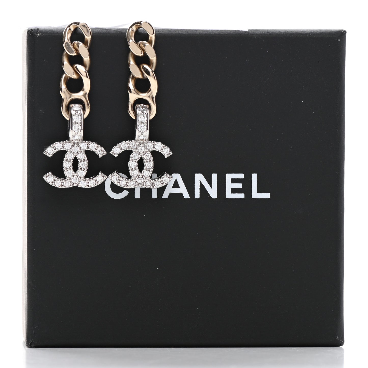 Metal Crystal CC Chain Drop Earrings Gold