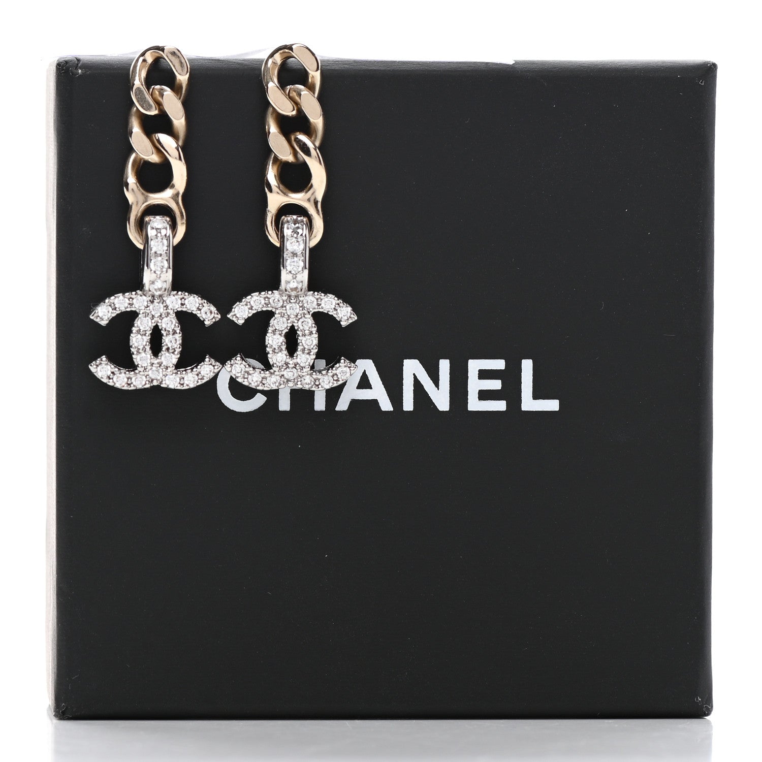 Chanel Metal Crystal CC Chain Drop Earrings Gold 4 of 4