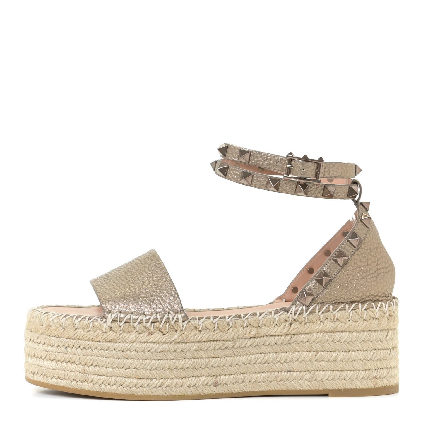 Metallic Grained Calfskin Rockstud Ankle Wrap Espadrille Flatform Sandals 36 Skin Natural