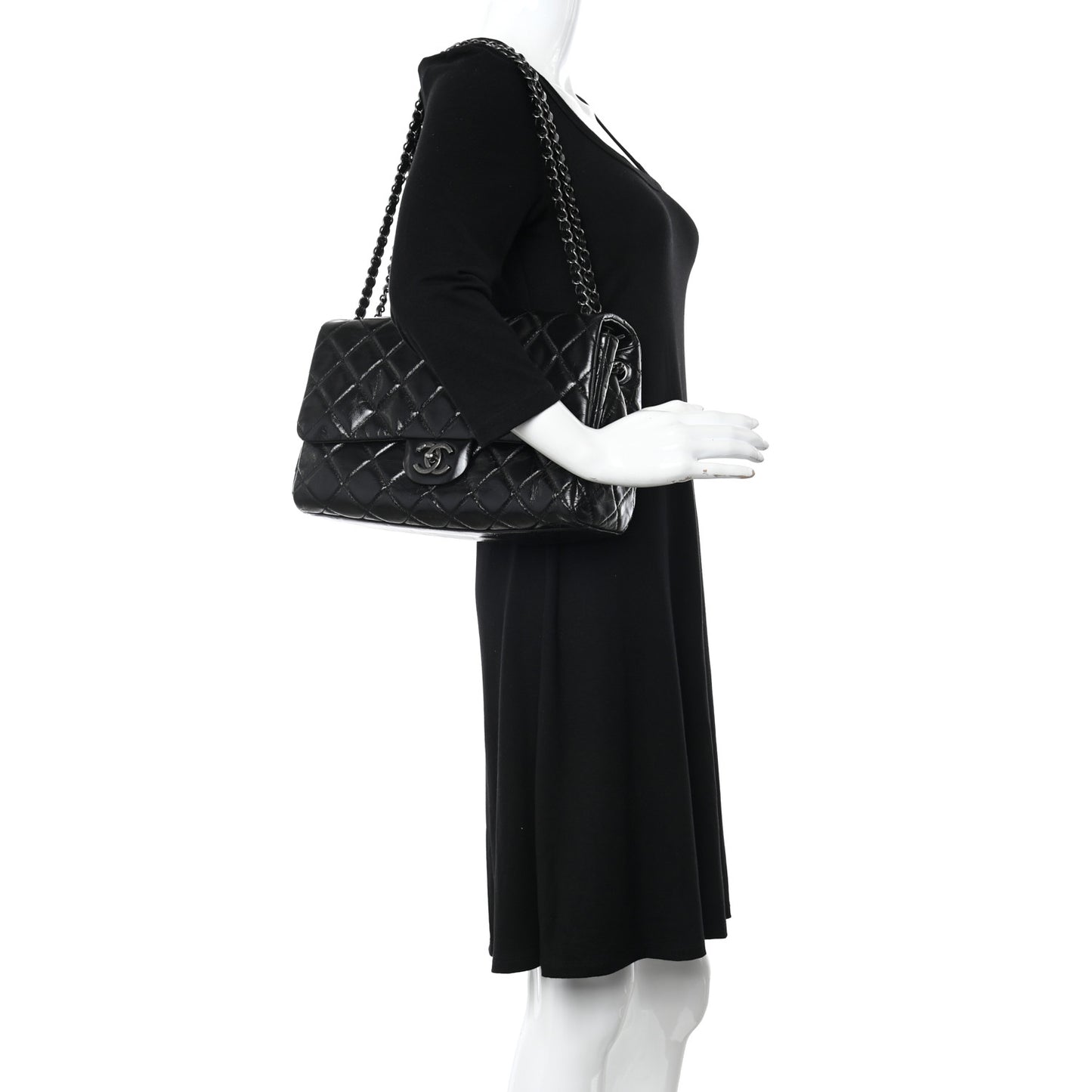 Glazed Calfskin Quilted Large Coco Soft Flap Black