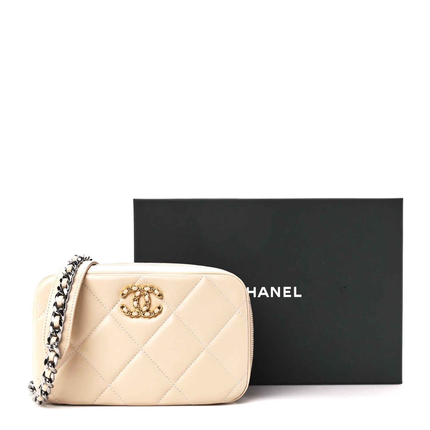 Lambskin Quilted Chanel 19 Clutch With Chain Beige