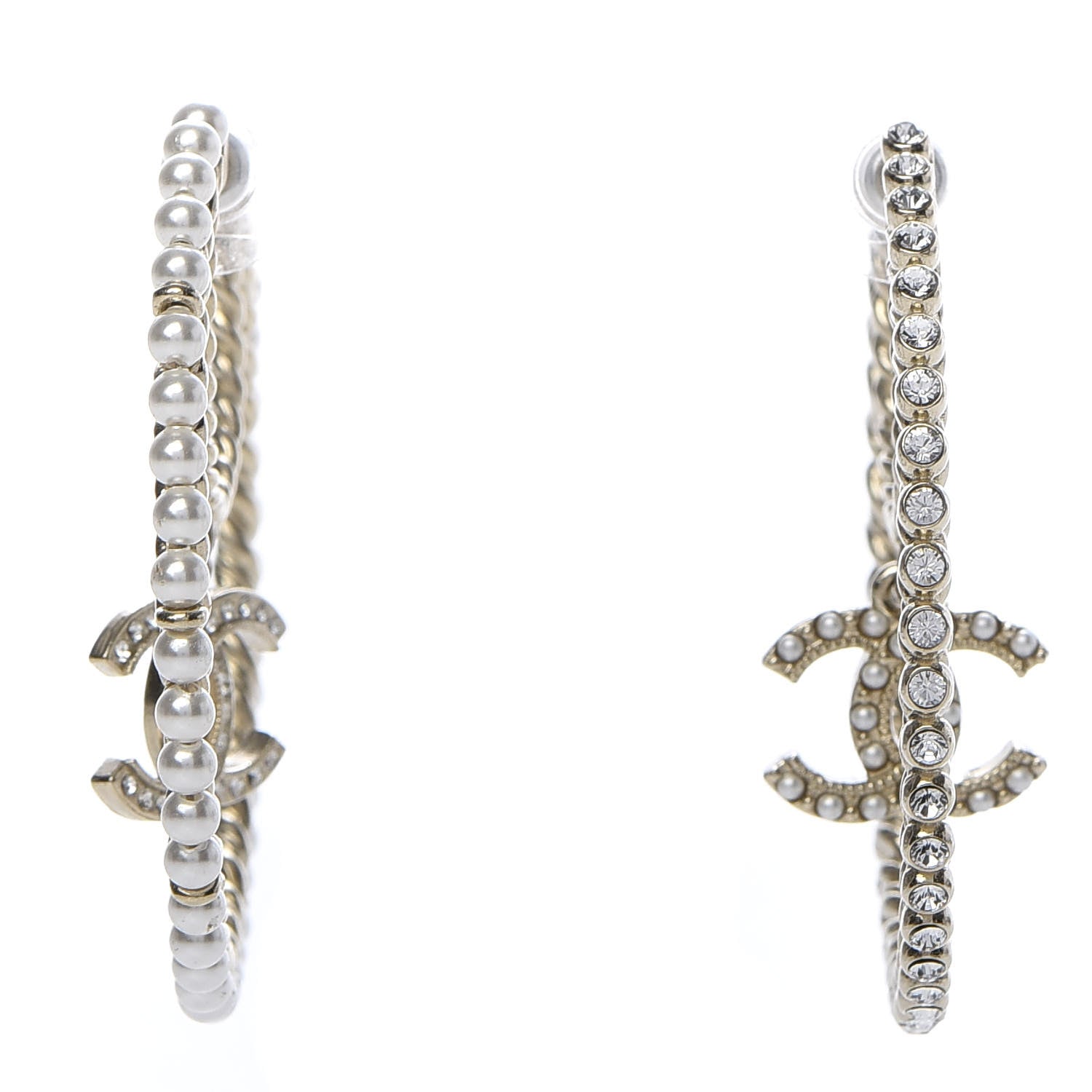 Chanel Crystal Pearl CC Drop Hoop Earrings Gold Pearly White 1 of 7