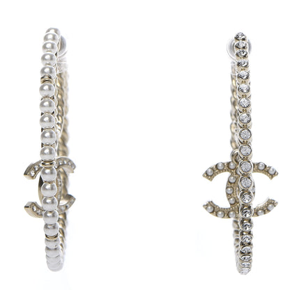 Chanel Crystal Pearl CC Drop Hoop Earrings Gold Pearly White 1 of 7