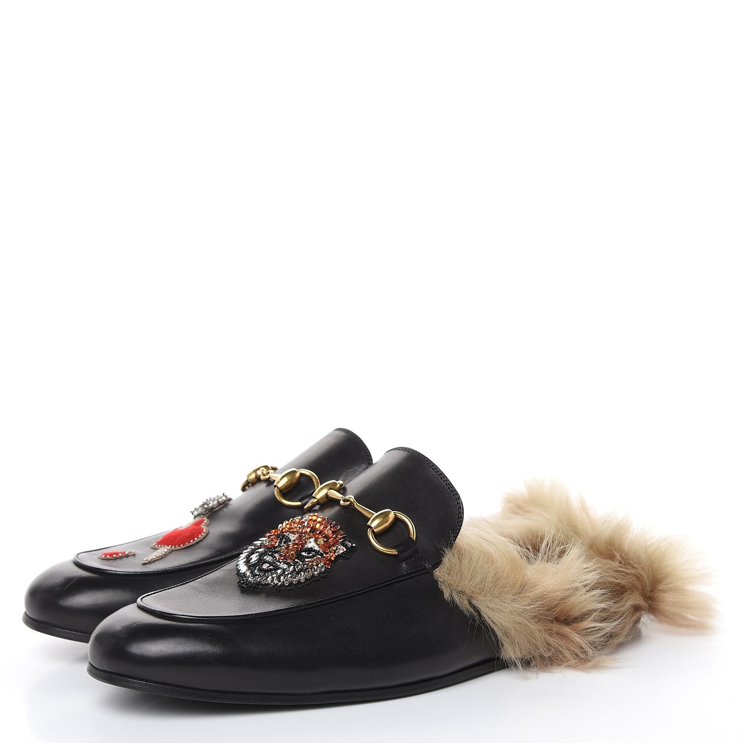 Calfskin Fur Crystal Tiger Embroidered Mens Princetown Slippers 8 Black